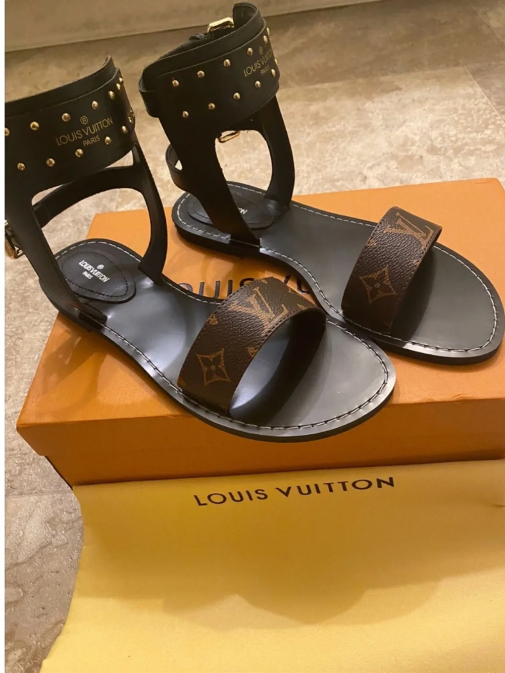 Louis Vuitton Brown Monogram and Black Studded Ankle-Strap Sandals with box - Picture 3 of 4